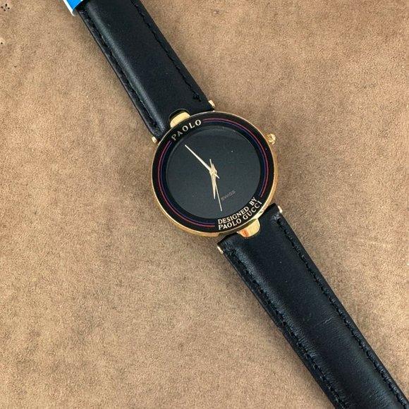 Vintage Paolo Gucci 18K Gold Plated Swiss Watch New Italian Black Strap main image 7